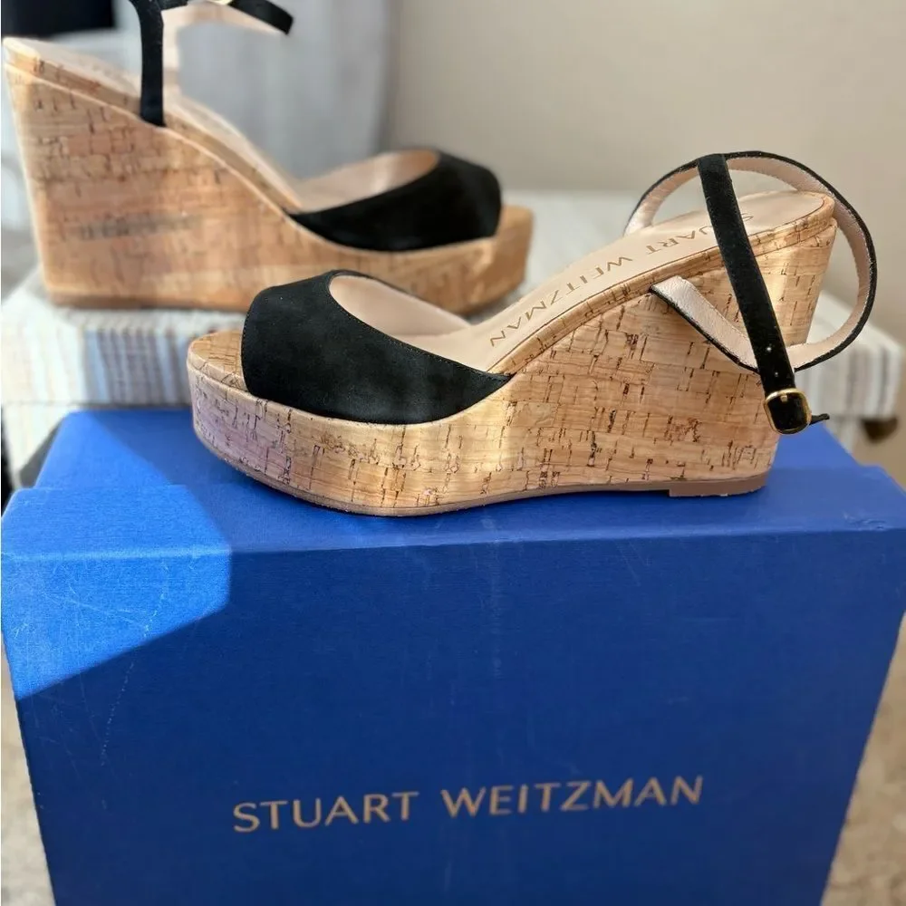 Stuart Weitzman Black Suede Leather Cork Wedge Heels New with Dust/Box NWT $425 - Picture 1 of 6